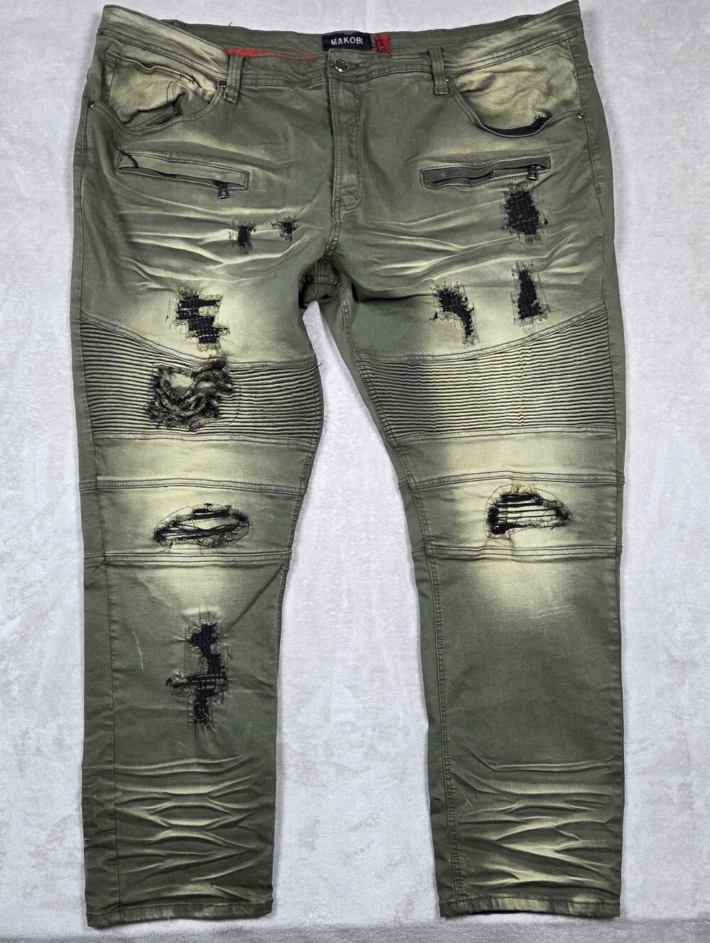 Makobi M1717 Super Sauce Men's Biker Jeans 48x32 Dirt Wash Distressed Moto Green